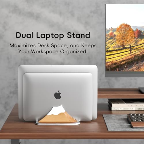 AFOOYO Vertical Dual Laptop Stand - Snow Peak-Shaped Wooden Adjustable Laptop Holder,2 Slots Desktop Dock Compatible with All MacBook, Surface,Chromebook,Dell & More(Beechwood) - color: Beechwood, size: Dual
