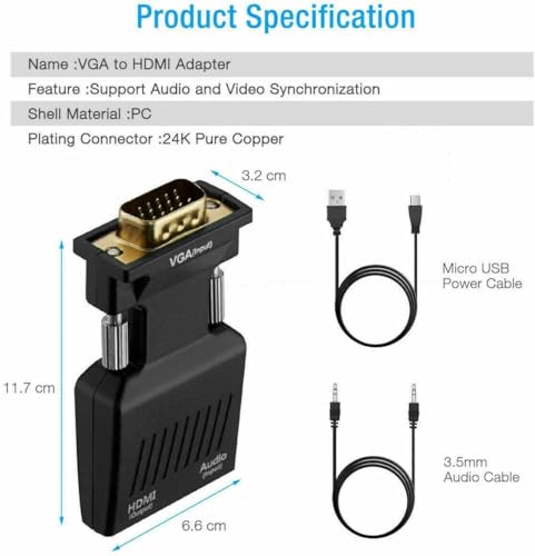 VGA Male to HDMI Female Adapter Converter with Audio,(PC VGA Source Output to TV/Monitor with HDMI Connector), Active 1080p Video Dongle adaptador for Computer,Laptop,Projector