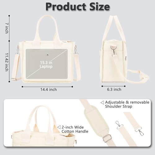 Fammart Large Canvas Tote Bag for Women with Zipper & Compartments, Crossbody Laptop Bags for Work College Travel - color: Beige