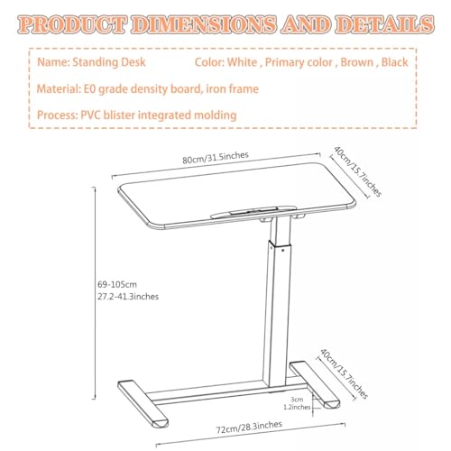 Height Adjustable Standing Desk, Sit Stand Mobile Workstation, Living Room Mobile Sofa Side Table, Reversible Laptop Table with Rollers, Anti-Fall Fence(Primary Color) - color: Primary Color