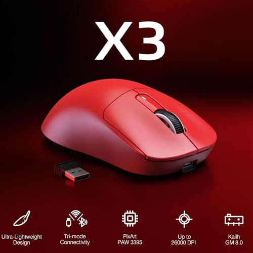 MANBASNAKE Attack Shark X3 49g Ultra-Lightweight Wireless Gaming Mouse, Red | Bluetooth 5.2/2.4G Wireless/Wired, PAW3395 Gaming Sensor, 26K DPI, 200h Battery Life, Programmable Buttons for PC/Mac/Win - color: Red