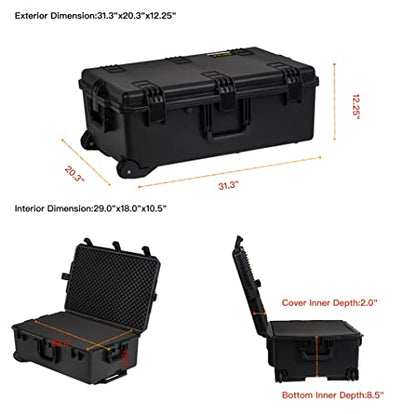 MEIJIA Premium Waterproof Rolling Hard Camera Case,Hard Protective Case with customizable fit foam and wheels,Full Protection with Light&Convenient Design,Elegant Black (31.3"X20.3"X12.25") - size: 31.3"X20.3"X12.25"