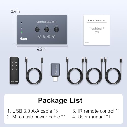 THXCDBID USB 3.2 Switch 3 Computers Sharing 3*USB A & 1*USB C Port 10Gbps USB Switch Selector Sharing Keyboard Mouse Printer Scanner with 3 USB A Input Cable and IR Remote Control