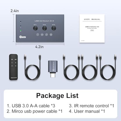 THXCDBID USB 3.2 Switch 3 Computers Sharing 3*USB A & 1*USB C Port 10Gbps USB Switch Selector Sharing Keyboard Mouse Printer Scanner with 3 USB A Input Cable and IR Remote Control