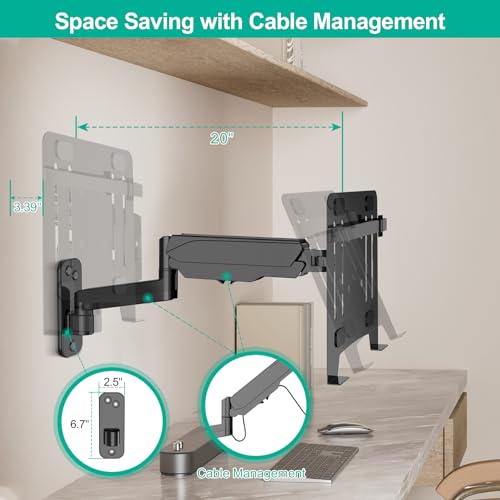 UPGRAVITY Laptop Wall Mount, 2-in-1 Gas Spring Wall Holder with Vented Tray for 12"-17" Notebook/13-32 Computer Screen, Full Motion Adjustable Wall Mount Laptop Stand Holds 3.3-17.6lbs