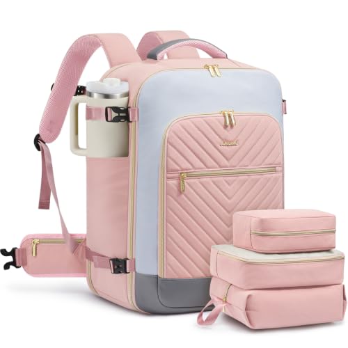 LOVEVOOK Large Travel Backpack for Women, TSA Carry on Backpack for Airplanes, 56L Personal Item Travel Bag for Women fits 17" Laptop,Waterproof Carry on Bag Airplane Approved with 3 Packing Cubes - color: Pink - Pale Grey - Dark Grey, size: 56L-4Pcs