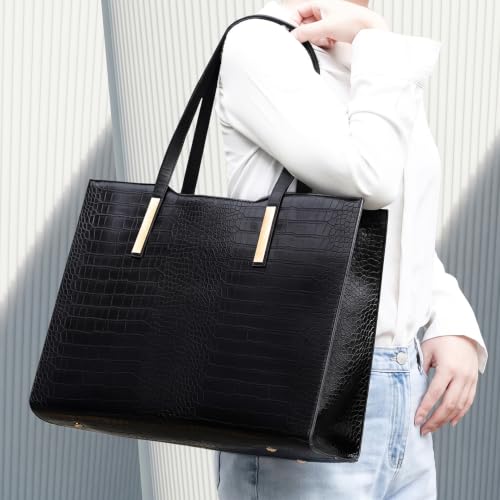 15.6" Laptop Work Tote Bag for Women Shoulder Handbag Large, Black | 2 water bottle pocket. Lightweight 2.2 Lbs. Capacity 20L. Vegan Leather. Waterproof. L17” x H12” x W5.5”. Handle Drop 11".