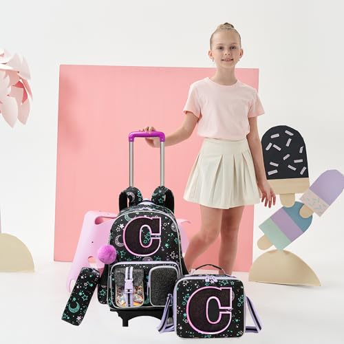 HTgroce Cute Rolling Backpack with Wheel,School Backpack for Kids Girl Roller Schoolbag Wheeled Backpacks Set Carry-on Luggage,Black C - color: Black, style: C