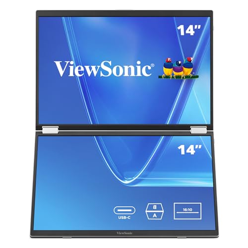 ViewSonic VG1457 Dual Screen 14 Inch 1200p Portable Monitor, Foldable IPS | Laptop Extender, USB C, 65W Power Delivery, G Sensor Rotation, Macs, PC, Anti Glare, Travel Work, 2W Speakers, AC Adapter Kit