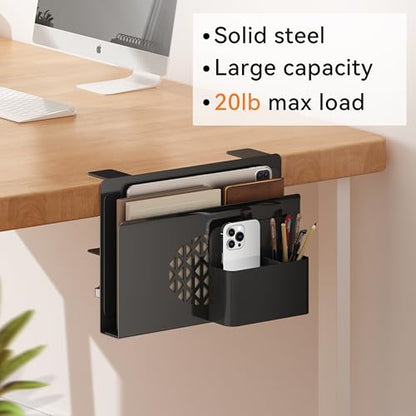 Desk Side Storage, Metal Laptop Holder with Magnetic Pen Box, Clamp-On Under Desk Organizer with Cooling Holes & Anti-Scratch Pads for Office and Home (Black) - color: Black