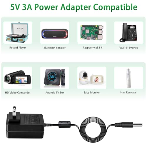 DC 5V Power Supply, 5Volt 3A 2A 1A Adapter, 100-240V AC to DC 5V Charger Cord, fit for 5 Volt 0.5a 500ma 1.0a 1000ma 1.5a 1500ma 2a 2000ma 2.5a 2500ma 3a 3000ma Electronic Devices with 8 Tips.