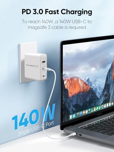 PowerLot 140W GaN PD Power Adapter,18W USB-A Charger, PD3.1 Type C Wall Charger or MacBook Pro 16'', Dell XPS, iPhone 16/15 Pro Max, iPad, Chromebook,Tablet (140W Charge with Cable)