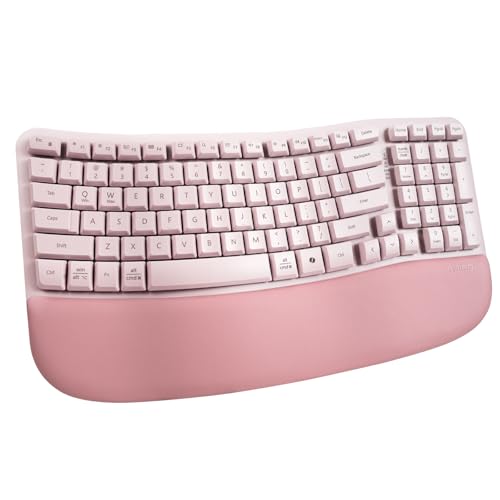 Nulea RT08 Wave Keys Wireless Ergonomic Keyboard with Cushioned Palm Rest, 2.4GHz Ergo Cordless USB Computer Keyboard, Comfortable Natural Typing, for Laptop, Mac, Windows (Pink) - color: Pink