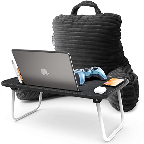 Nestl Dark Grey Reading Pillow with Bed Desk for Laptop and Writing, Luxe Cut Plush Back Pillow for Sitting Up, Back and Arms Adjustable Support for Kids and Teens, Foldable Lap Desk for Bed 19x11” - color: 01- Dark Grey, size: Small 14"