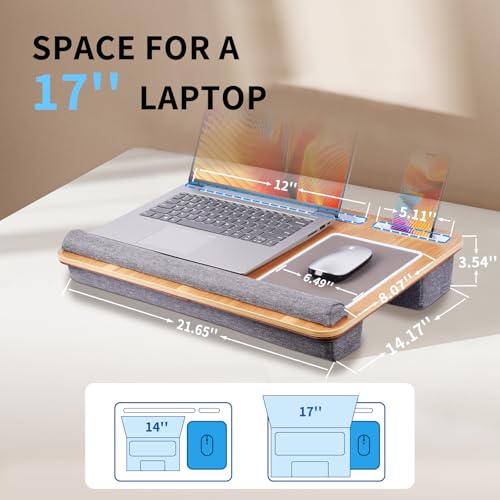 Home Office Lap Desk with Wrist Rest Wrist Rest, Mouse Pad, and Phone Holder Large Laptop Bed Desk for Notebook, Laptop, Tablet, Lap Stand Fits Up to 17 Inch Laptops (Woodgrain) - color: Woodgrain, size: Large