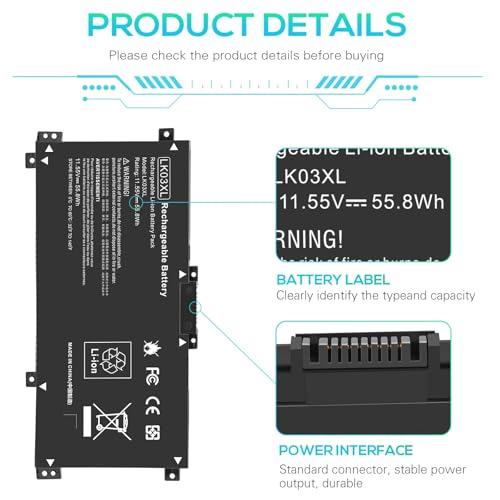 LK03XL 916814-855 Battery for hp Envy x360 Convertible 17m-ae0xx 17-bw 17m-ae111dx 15m-bp1xx 15m-cn0xxx 15-cn0xxx 15m-cp0xxx 15m-cn0012dx 15m-cn0011dx 15m-bq021dx 15m-bp112dx 916368-421 l09281-855 - size: 7.87*3.93*0.27inch