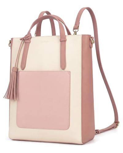 ECOSUSI Tote Bag Convertible Backpack for Women Vegan Leather Handbag Multifuction Shoulder Bag - color: Pink Beige
