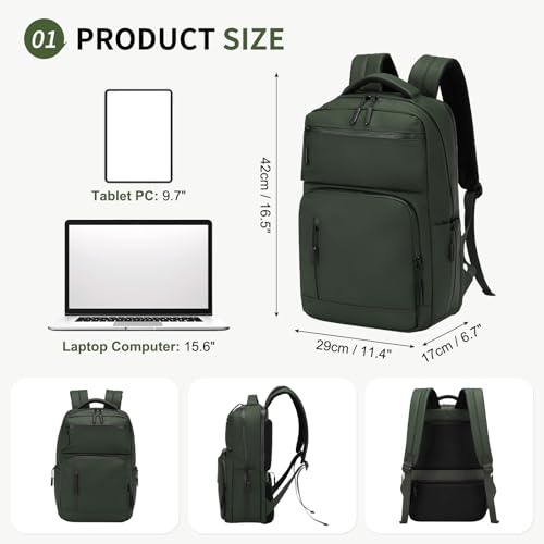 Waterproof Laptop Backpack for Men & Women, Flight Approved Anti-Theft Daypack with 15.6-inch Laptop Sleeve (Green) - color: Green