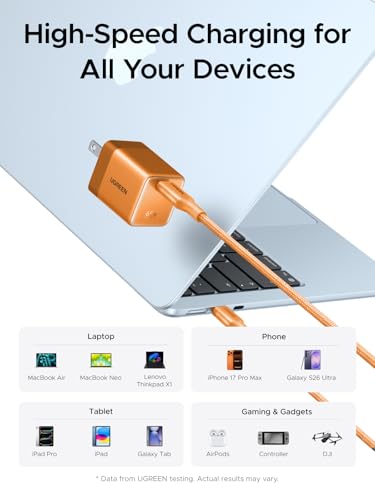 UGREEN Nexode Air 65W USB C Charger, Foldable Mini Charger Block Fast Charging with USB C Cable, GaN Charger for MacBook Air/Neo/Pro, iPhone 17 16, Galaxy S26/S25, iPad, Orange - color: Orange