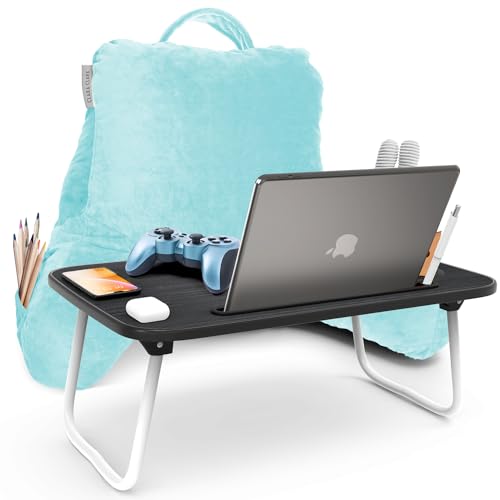 Clara Clark Reading Pillow with Portable Lap Desk Set for Kids, Back Pillow for Sitting Up in Bed, Memory Foam Back Support Pillow, Bed Rest Pillow with Foldable Laptop Desk, Small - Light Blue - color: Light Blue, size: Petite/Small