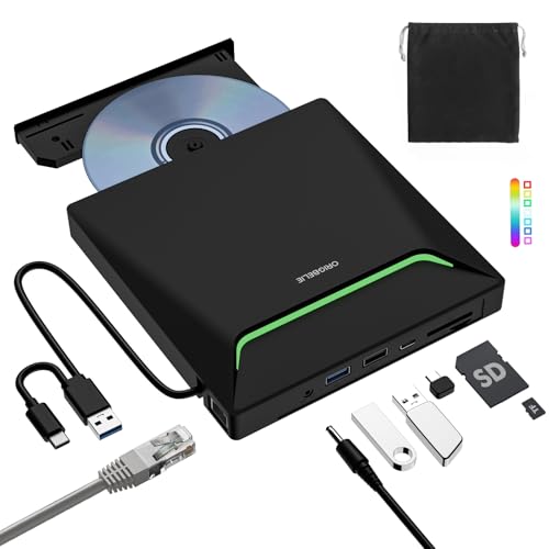 New External CD DVD Drive, Cool DVD Burner USB 3.0 with Ethernet Adapter, 3 USB and 2 TF/SD Card Ports, CD DVD Player Reader Writer Optical Disc Drive for Laptop MacBook PC Windows Linux Mac OS - size: 5.8" x 6.1" x 0.7"