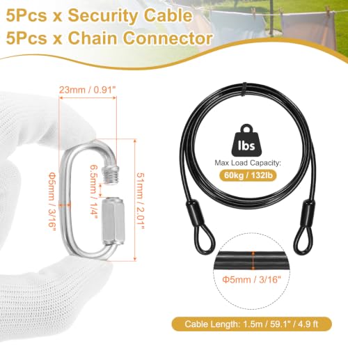 PATIKIL Security Cable Lock (3/16" Dia 4.9ft, Black)(5 Set) Vinyl Coated 304 Stainless Steel Double Loop Flexible Wire Rope Safety Cable with Quick Links Locking Connectors - color: Black, size: 3/16" x 4.9ft