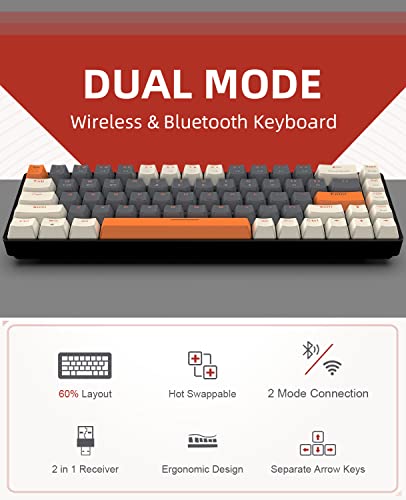 ZIYOU LANG RK68 60% Wireless Mechanical Keyboard,Bluetooth 5.0/2.4Ghz Dual Mode Receiver,Hot-Swappable mini 68-Key,Retro Color Keycaps,Clicky Blue Switch,Ultra Power Saving for PC PS4 Xbox iPhone ipad - color: Grey & Orange/Blue Switch