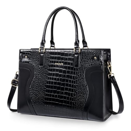 MOSISO Laptop Tote Bag for Women, 15.6 inch PU Leather Laptop Bag | Waterproof Crocodile Grain Shoulder Bag with Clutch Purse, Large Capacity Teacher Work Handbag for Business Office, Black