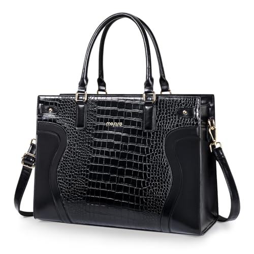 MOSISO Laptop Tote Bag for Women, 15.6 inch PU Leather Laptop Bag | Waterproof Crocodile Grain Shoulder Bag with Clutch Purse, Large Capacity Teacher Work Handbag for Business Office, Black