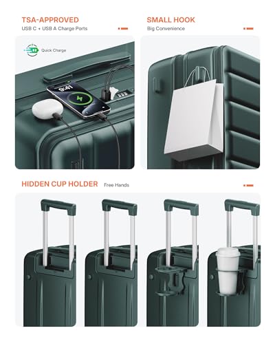 Expandable 20Inch Carry On Luggage Airline Approved - Top Opening Hardside Travel Suitcase Unbreakable -with Cup Holder,USB Charge,Side Pothook, 360°Spinner Wheels, TSA Lock-Green - color: Green, size: 20 Inch-EXT