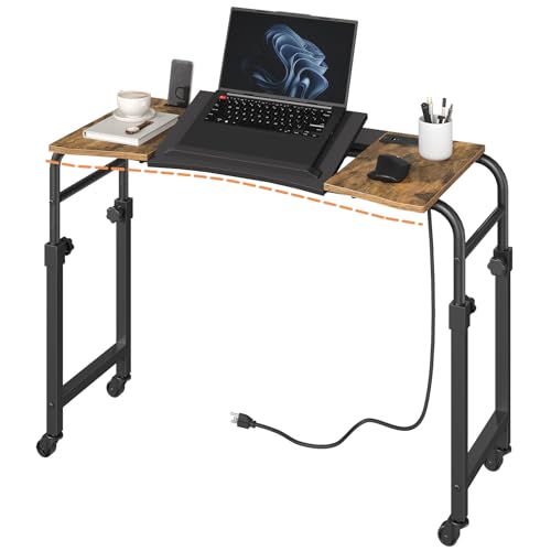 Overbed Table with Wheels and Height Adjustable, Recliner Table with Charging Station, Over the Bed Desk for Bed, Sofa, Office, Rustic Brown and Black SF05UBR
