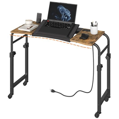 Overbed Table with Wheels and Height Adjustable, Recliner Table with Charging Station, Over the Bed Desk for Bed, Sofa, Office, Rustic Brown and Black SF05UBR