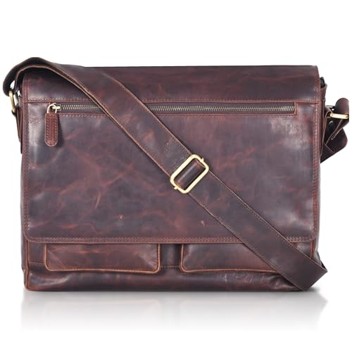 VALENCHI 15" Full Grain Leather Laptop Messenger Bag For Men & Women - Padded 15.3" Laptop Compartment, Ample Storage & Pockets, Premium Natural Leather (Brown Vintage) - color: Brown Vintage
