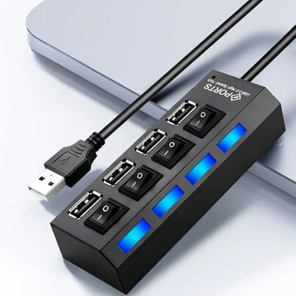 4-Port USB Hub with LED Indicators, 3.0 High-Speed Ports & 7.0 Ports, 5V Powered, Independent Switching for Keyboards, Mice, and Memory Cards, Compact Design for Computer Peripherals