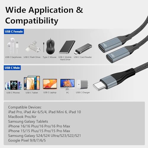 USB C to Dual USB Type C Female Splitter Cable Earphone Adapter Type C OTG Splitter with Data Transfer Compatible with iPad Pro, iPad Air 7/6/5, MacBook, iPhone 17/16/15, Galaxy S25/S24/S23, Pixel 9