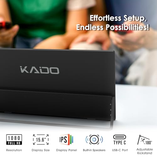 Kado 15.6-Inch 75Hz Portable Monitor, FHD 1080p USB-C mini-HDMI IPS Display | 45W Reverse Charging Gaming Monitor Built-in Speakers, Second Display Kickstand for Laptop PC Phone Mac Xbox PS4/PS5 Switch - style: FHD 72% sRGB