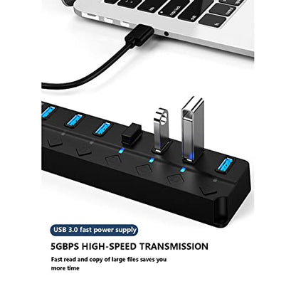 USB Hub Multi USB Splitter USB 3.0 Port Extender Hub with 7-Port, USB Extension Cable, Led Indicater for Mouse Flash Drive Keyboard Mobile Hard Disk Drive