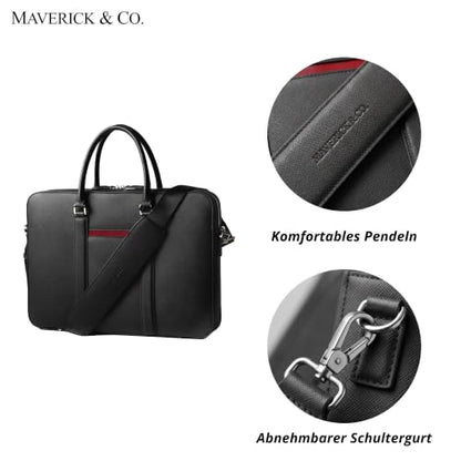 Maverick & Co. Manhattan Genuine Saffiano Leather Briefcase for Men - Slim Professional Laptop Bag for Work & Business Travel, Fits 16" Laptop (Black-Racing Red)