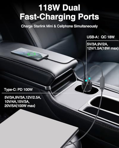 Starlink Mini Car Adapter USB C Charger 12V to 20V5A 100W Step Up Converter | Supports up to 150ft power cable extension,Detachable Charger Cable Design,Fast Charging Stable 20V Output Prevents Reboot