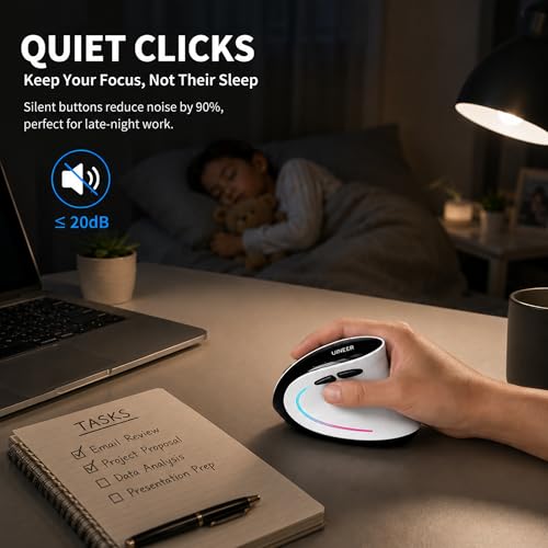 Uineer Ergonomic Wireless Vertical Mouse, 3-Mode Bluetooth 5.0/4.0 & 2.4GHz | Rechargeable, USB-A Receiver, Silent Computer Mouse for Laptop, Mac, iPad and PC, 4 DPI Levels, LED Light, 3-Device Switching