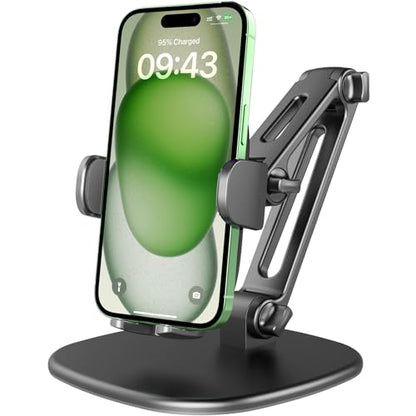 APPS2Car Phone Stand for Desk, Adjustable Cell Phone Holder for Office | Triple-Clamp Phone Holder, Height-Adjustable Folding Arm, 360° Rotation, Anti-Slip Base, Fits Cases up to 20mm