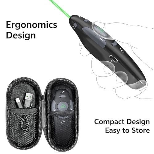 Presentation Clicker with Case Storage Wireless Presenter Remote USB Type C Rechargeable Green Laser Pointer PowerPoint Clickers for Computer Mac Project PPT Slideshow Google Slide Advancer - style: Green Laser