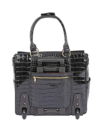 JKM & Company Rolling Laptop Bag for Women | Designer Wheeled Briefcase | Fits 13-17" Laptops | Office Travel Computer Case - color: Black Patent