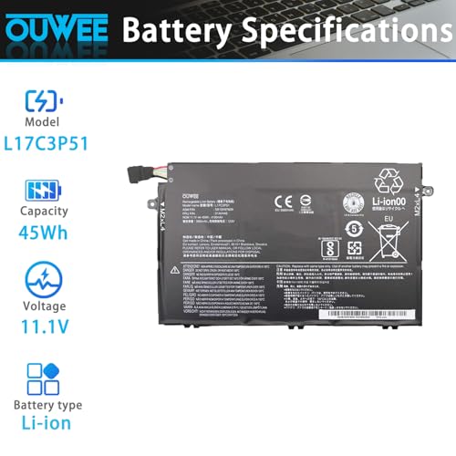 L17C3P51 Laptop Battery Compatible with Lenovo ThinkPad E14 E15 E480 E485 E495 E580 E585 E490 E590 E595 Series SB10K97609 01AV448 L17M3P52 01AV447 L17L3P51 01AV445 L17M3P51 01AV446 11.1V 45Wh - size: 8.74*3.50*0.26 inch L17C3P51