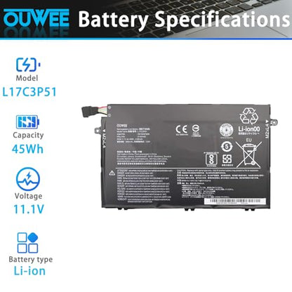 L17C3P51 Laptop Battery Compatible with Lenovo ThinkPad E14 E15 E480 E485 E495 E580 E585 E490 E590 E595 Series SB10K97609 01AV448 L17M3P52 01AV447 L17L3P51 01AV445 L17M3P51 01AV446 11.1V 45Wh - size: 8.74*3.50*0.26 inch L17C3P51