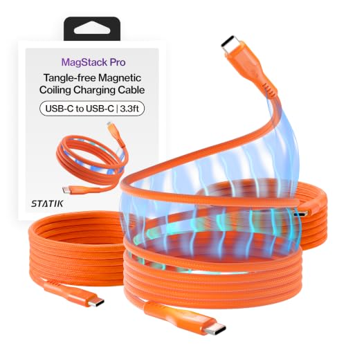 Statik MagStack Pro USB C to USB C Coiling Magnetic Charging Cable,100W | Nylon Braided Tangle-Free Design, Magnetic Coiling, Data Transfer, Compatible with iPhone & Android, 3FT Orange, 3 Pack - color: Orange, size: 3ft (3 Pack), style: USB-C to USB-C