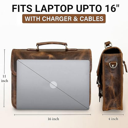 Leather Messenger Bag for Men - 16 Inch Laptop Briefcase, Office Satchel | Fits 16" Laptop & Documents, Top-handle, Removable Shoulder Strap, Brass Fittings, Luggage Sleeve, Organized Pockets - color: Brown