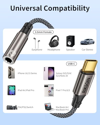 USB Type C to 3.5mm Female Headphone Jack Adapter, USB-C to Aux Audio Dongle Cable Compatible with iPhone 17 Air 16 15 Pro Max,Galaxy S23-S21 Ultra,Pixel 9 8, iPad Pro