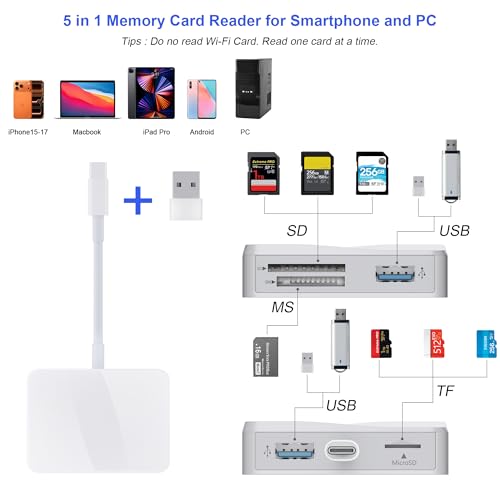 SD Card Reader, 5 in 1 USB-C & USB Card Adapter with SD/MicroSD/MS and Dual USB-A Ports Memory Card Reader for iPhone 17/16/15 Pro Max iPad MacBook Pro/Air M4/M3 Android Phone/Tablet PC (White) - color: White