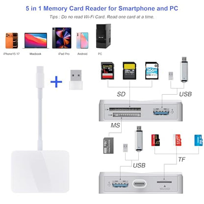 SD Card Reader, 5 in 1 USB-C & USB Dual Connectors Card Adapter with SD/MicroSD/MS/Dual USB-A 5 Slots Memroy Card Reader for iPhone 17/16/15 Pro Max iPad MacBook Pro/Air M4/M3 Android Phone/Tablet PC - color: White